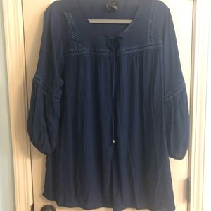 Navy blue peasant style blouse with tie neck